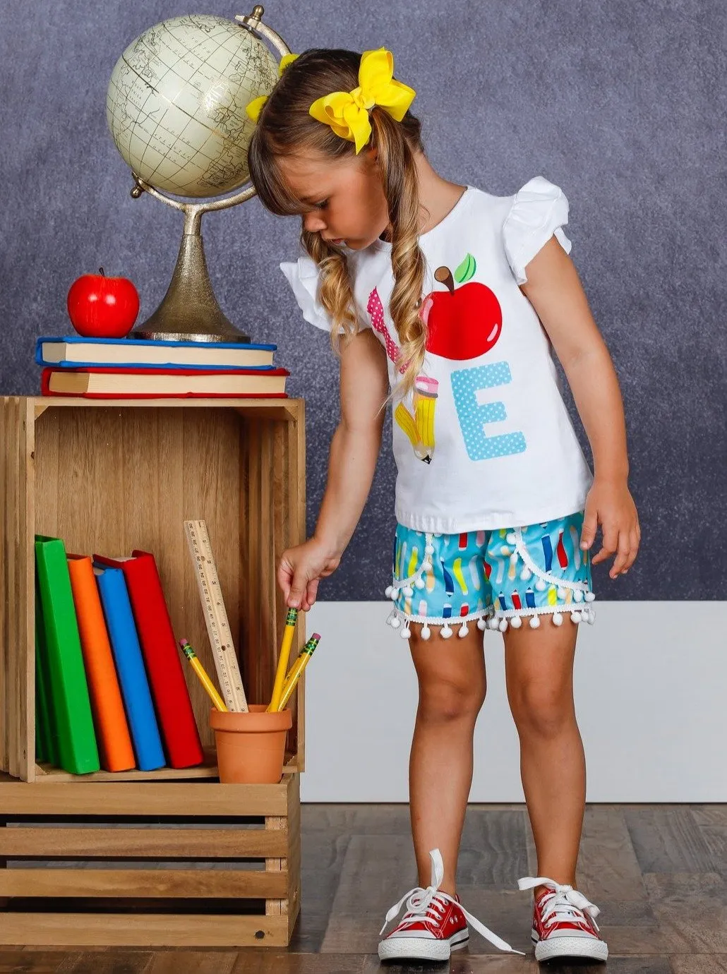 Girls "Love" Apple Ruffled Top and Pencil Pom Pom Shorts Set