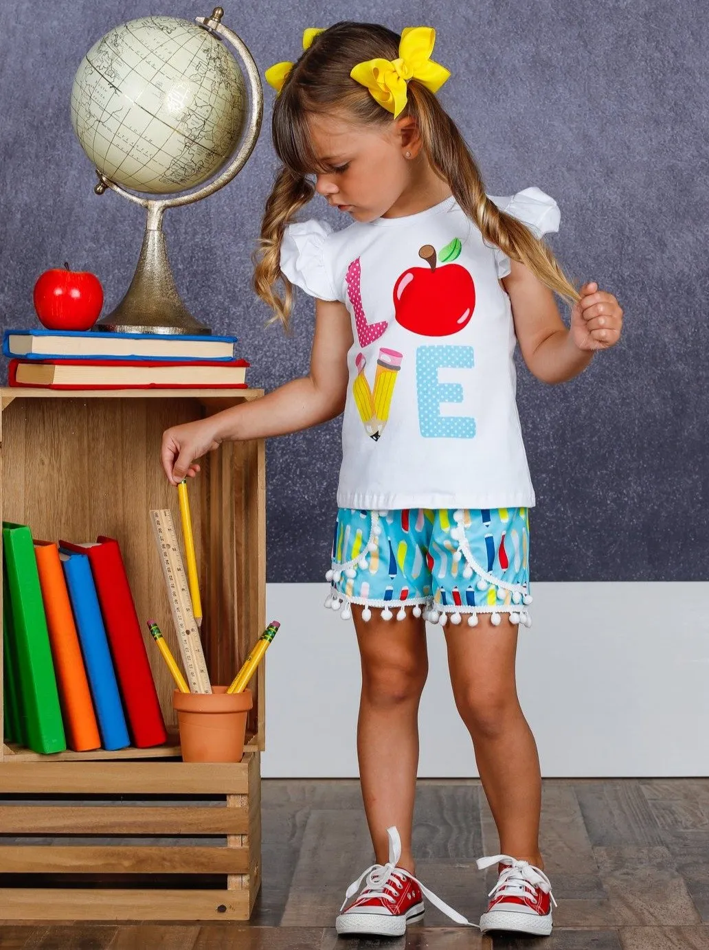 Girls "Love" Apple Ruffled Top and Pencil Pom Pom Shorts Set