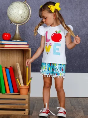 Girls "Love" Apple Ruffled Top and Pencil Pom Pom Shorts Set