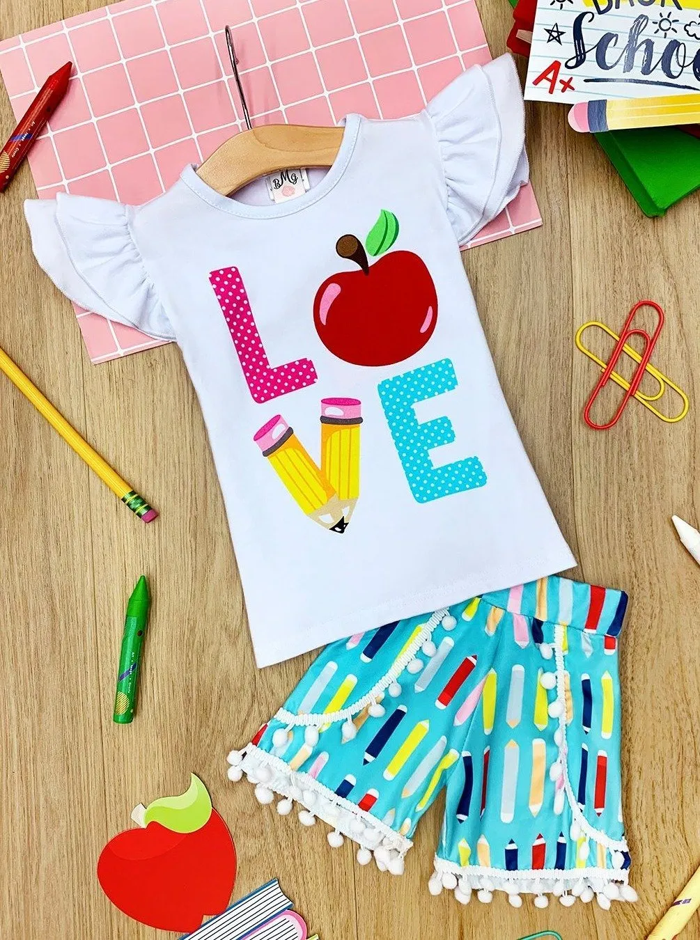 Girls "Love" Apple Ruffled Top and Pencil Pom Pom Shorts Set