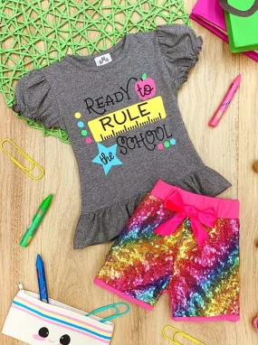 Girls "Ready to Rule the School" Ruffled Star Top and Rainbow Sequin Shorts Set