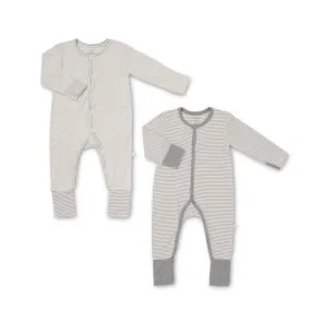 Grey Stripes & Sandwash Light Grey - Baby Long-sleeved Button Sleepsuit (Foldable Mittens & Footies) (Pack of 2)