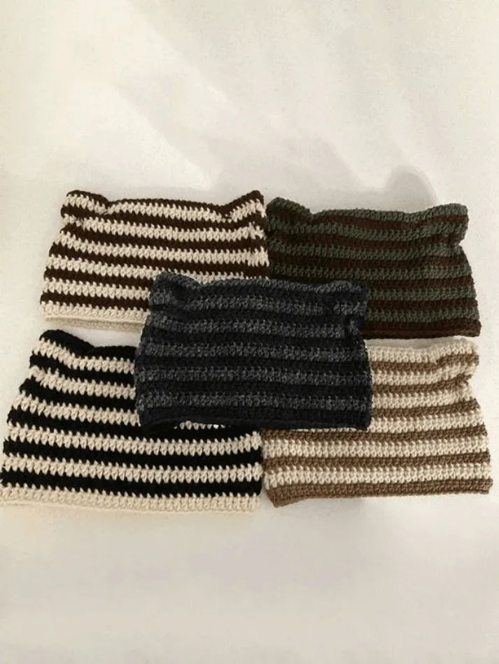 Hand Made Horn Detail Striped Knitted Hat