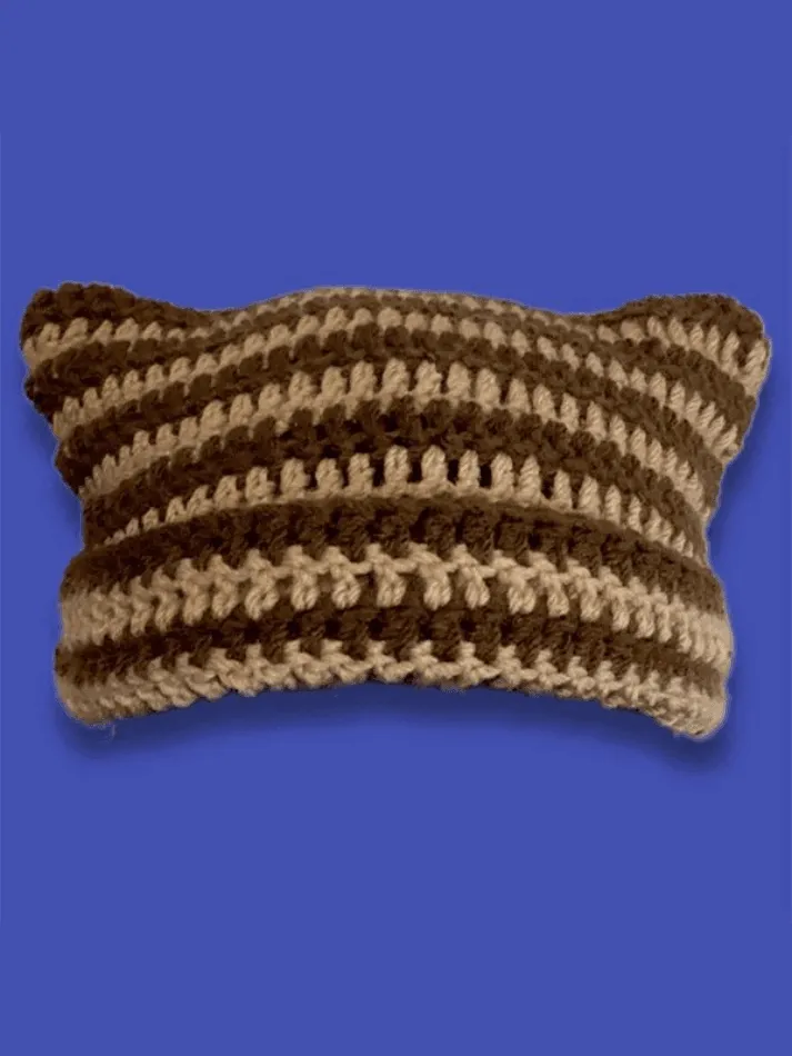 Hand Made Horn Detail Striped Knitted Hat
