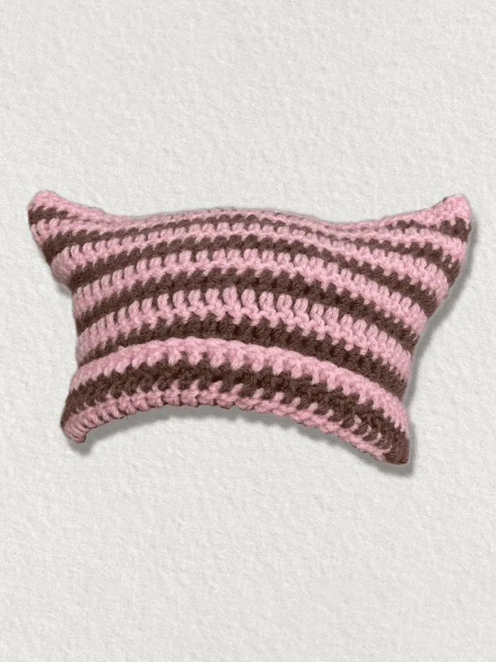 Hand Made Horn Detail Striped Knitted Hat