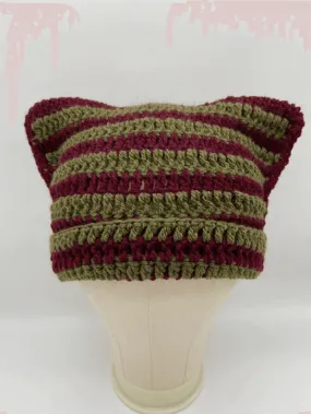 Hand Made Horn Detail Striped Knitted Hat