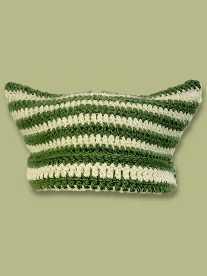 Hand Made Horn Detail Striped Knitted Hat