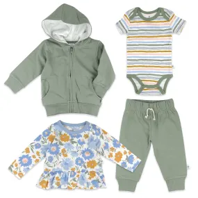 HonestBaby Multipack Gift Sets Mix Match Outfits 100% Organic Cotton for Newborn Infant Baby Boys, Girls, Unisex (Legacy), 4-Piece Painterly Floral Blue, 6-9 Months