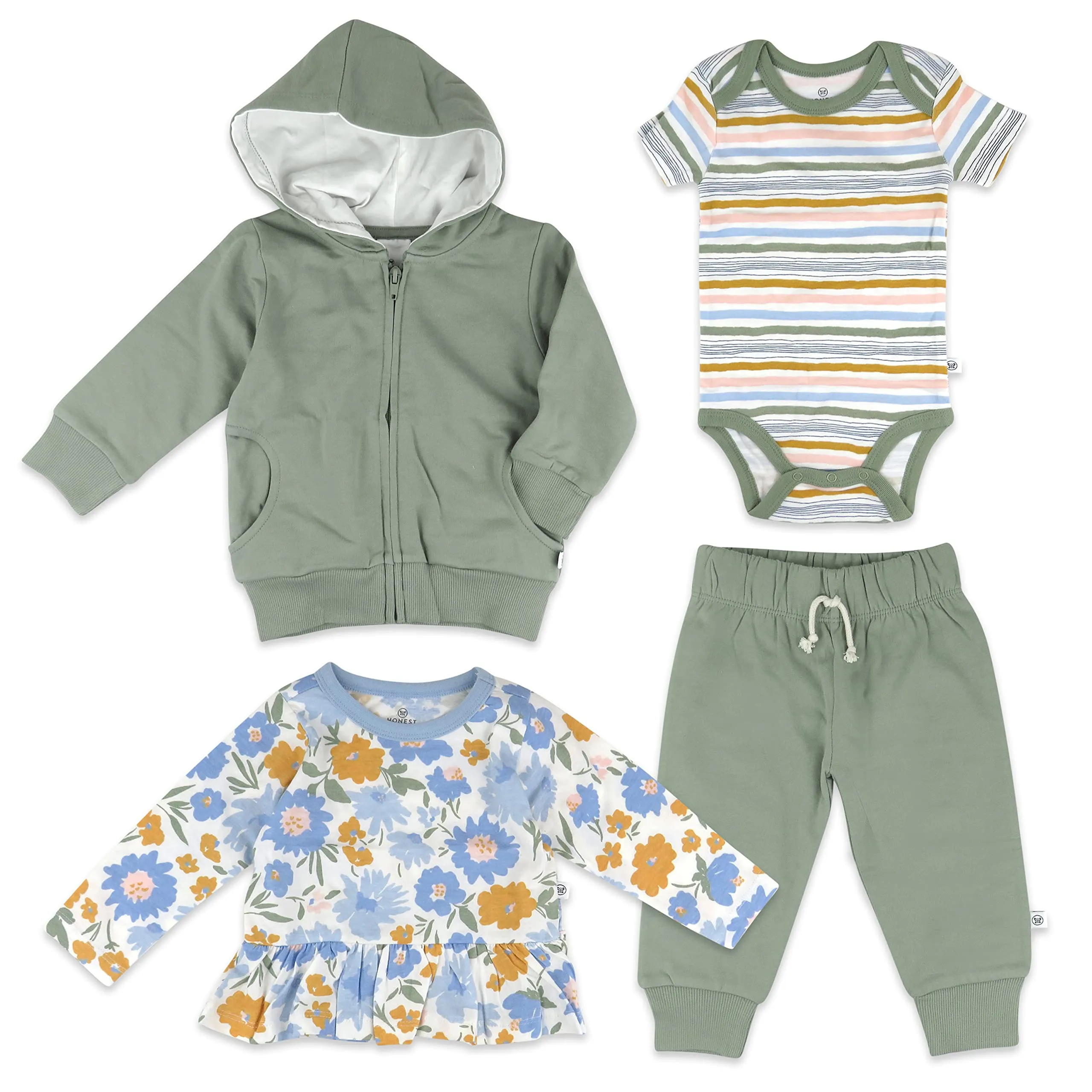 HonestBaby Multipack Gift Sets Mix Match Outfits 100% Organic Cotton for Newborn Infant Baby Boys, Girls, Unisex (Legacy), 4-Piece Painterly Floral Blue, 6-9 Months