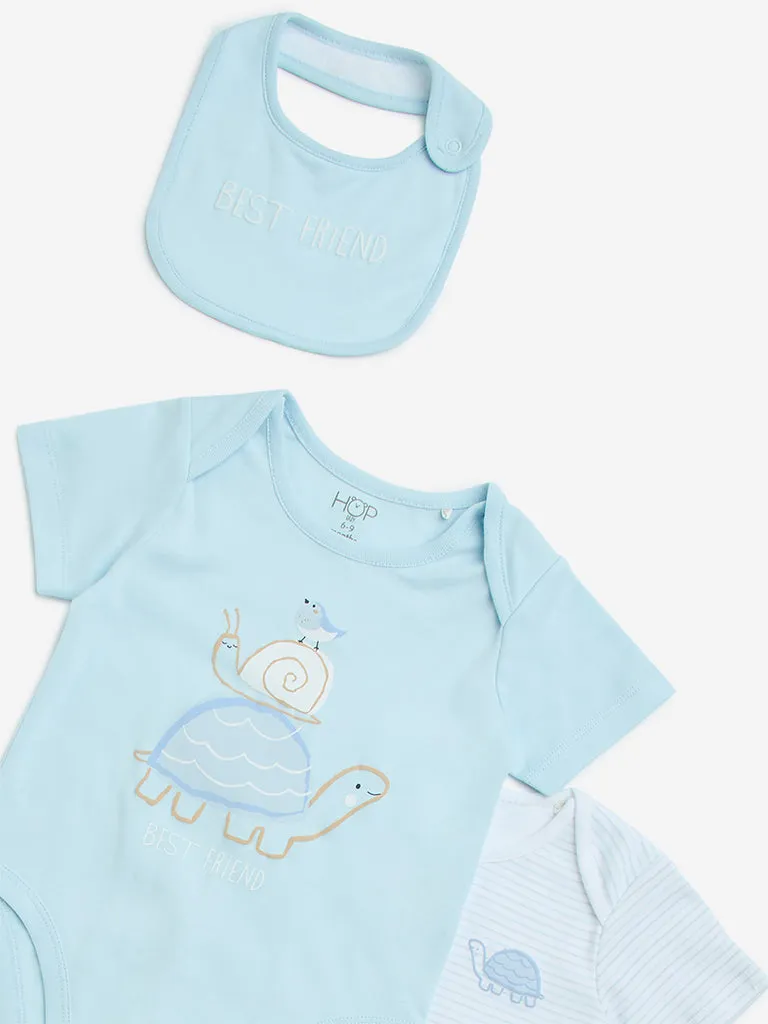 HOP Baby Light Blue Cotton Rompers with Bib - Pack of 2