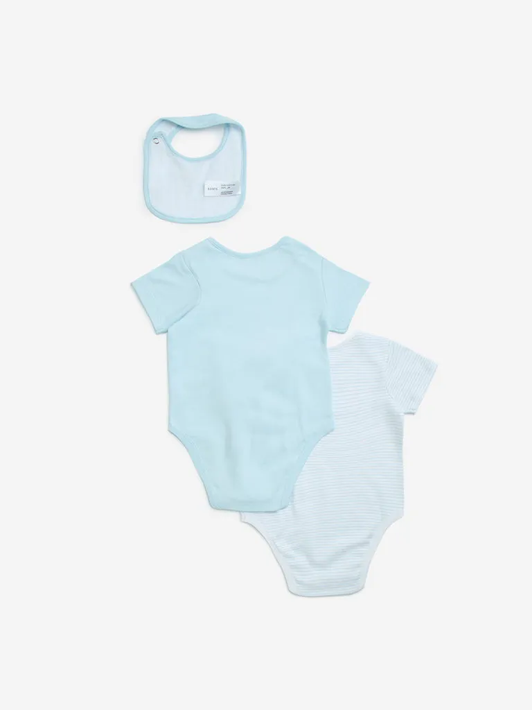 HOP Baby Light Blue Cotton Rompers with Bib - Pack of 2