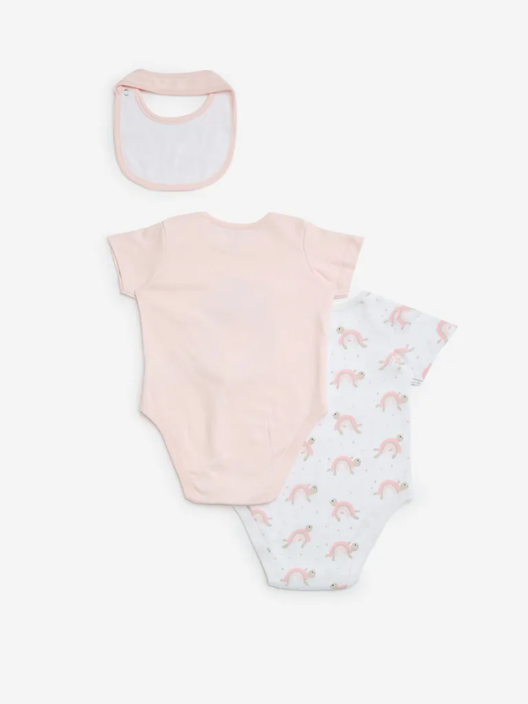 HOP Baby Light Pink Cotton Rompers with Bib - Pack of 2