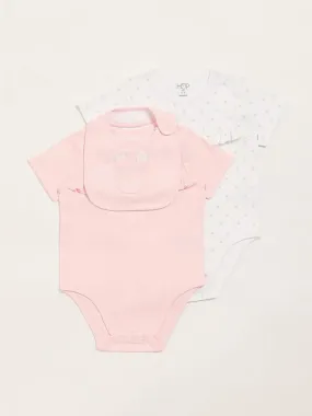 HOP Baby Pink & White Printed Rompers with Bib - Pack of 2
