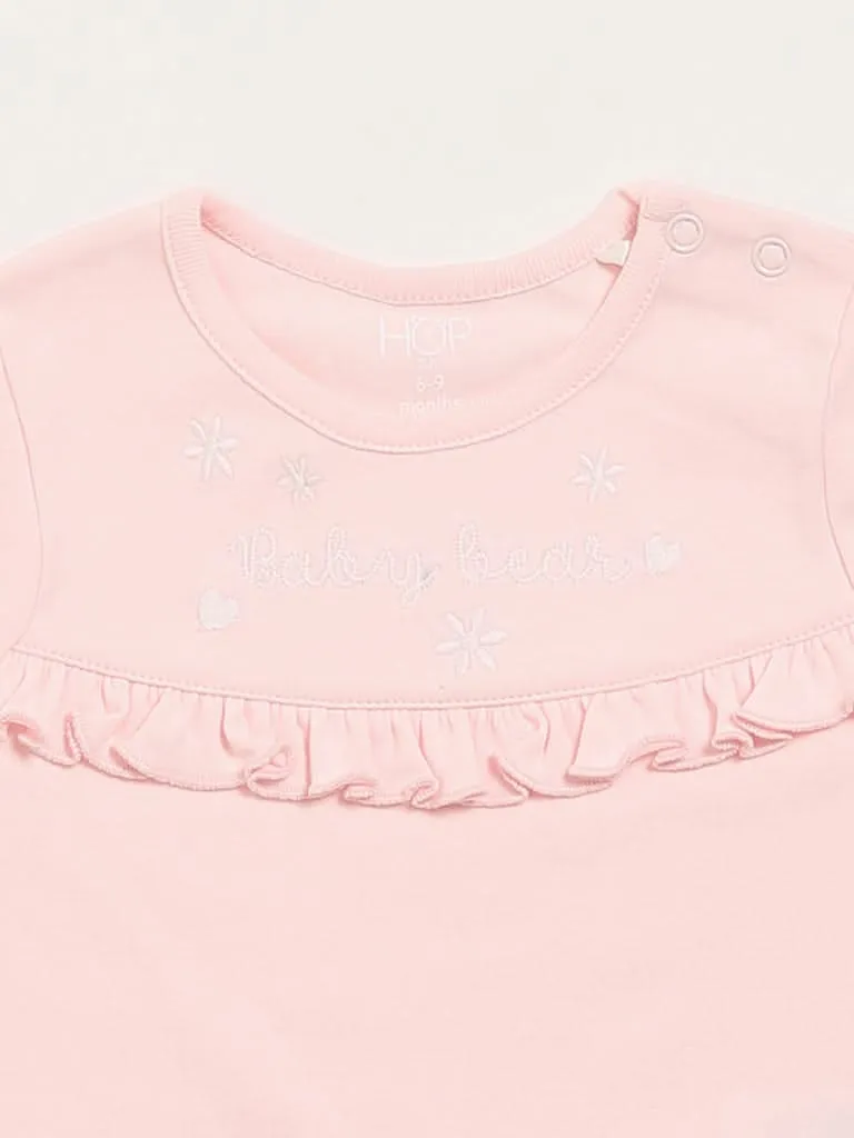 HOP Baby Pink & White Printed Rompers with Bib - Pack of 2
