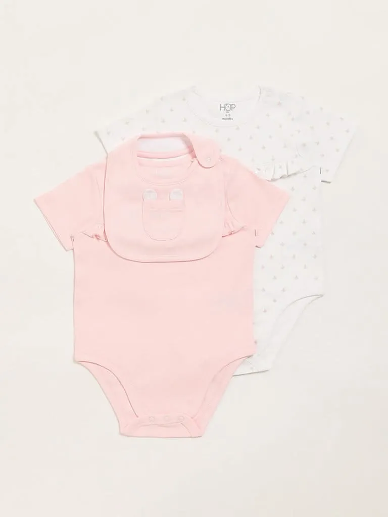 HOP Baby Pink & White Printed Rompers with Bib - Pack of 2