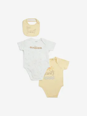 HOP Baby Yellow Cotton Rompers with Bib - Pack of 2