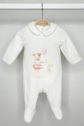 Ivory & Pink Velour Bear Sleepsuit