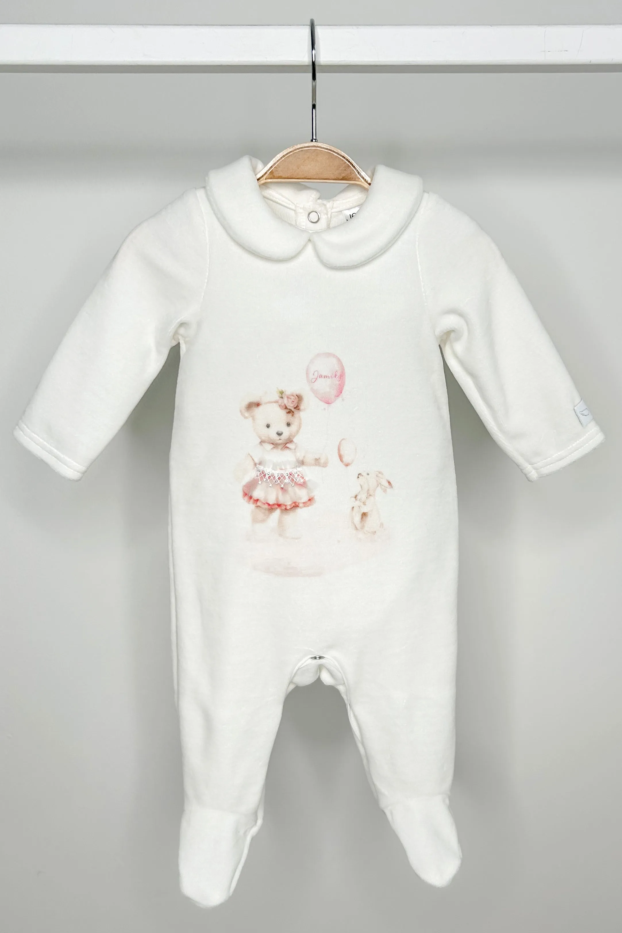 Ivory & Pink Velour Bear Sleepsuit