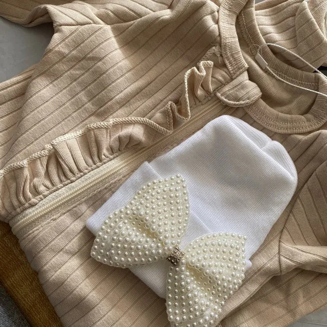 Newborn Baby Girl Hospital Nursery Beanie Hat Pearl Bow, White Color Infant Hat Newborn Hat