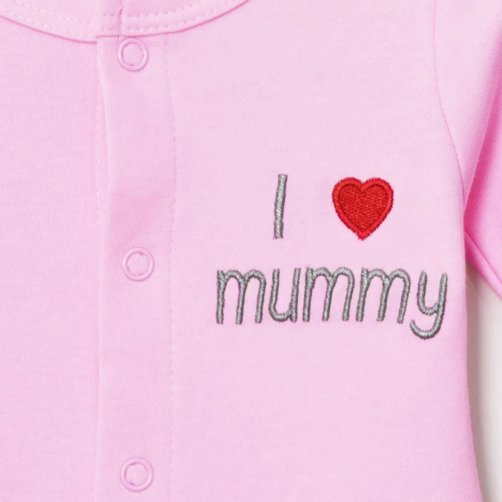 Pink I Love Mummy Embroidered Full Sleeves Footsie With Cap
