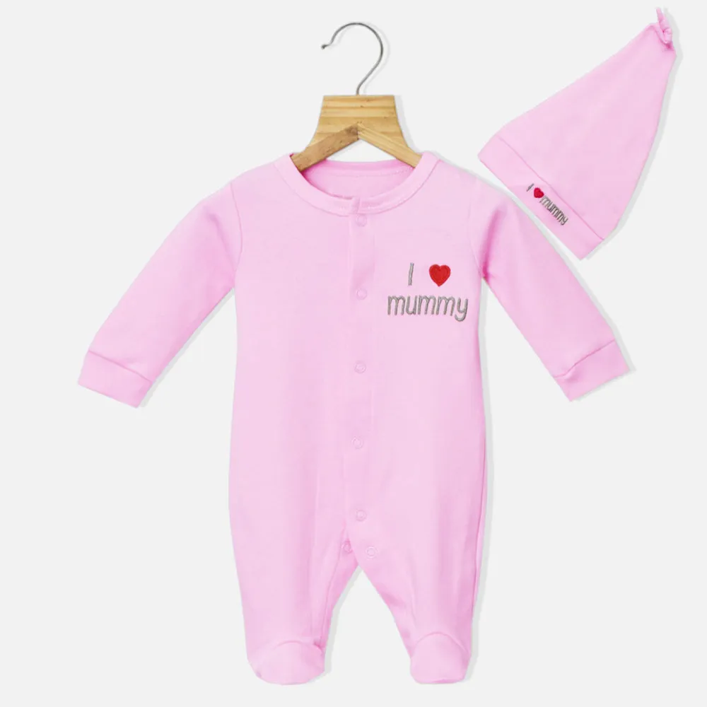 Pink I Love Mummy Embroidered Full Sleeves Footsie With Cap