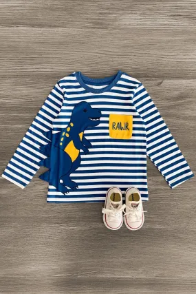 "Rawr" Blue Striped Dinosaur Top