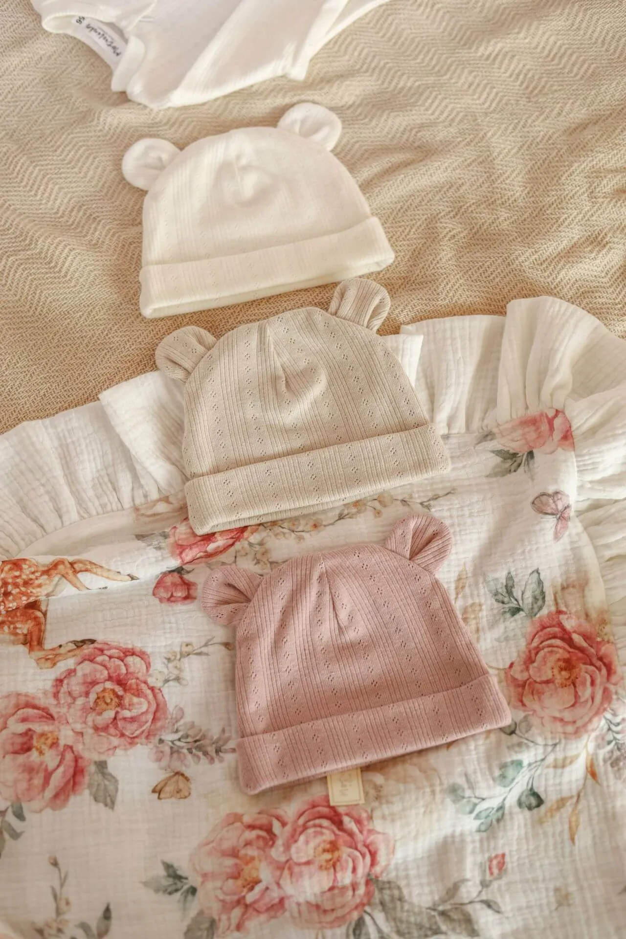Soft Cotton Baby Hat with ears - Beige Openwork