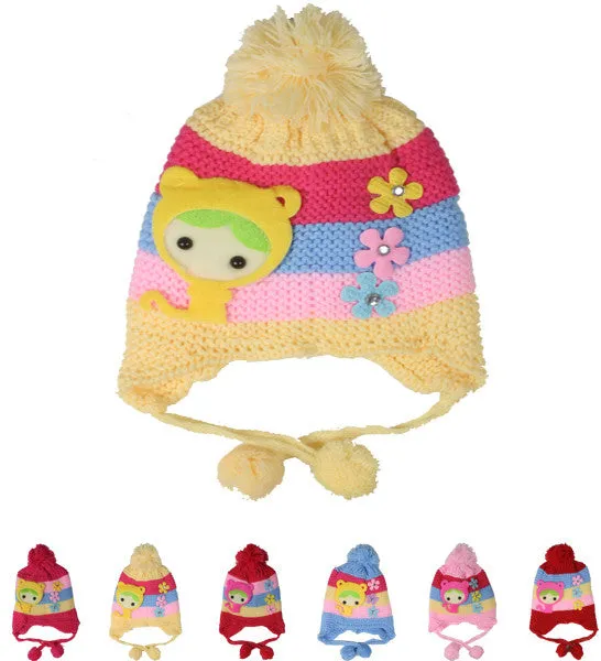 striped kids winter hat w/ pom pom Case of 72