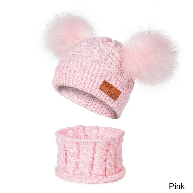 Unisex Pompom Knitted Scarf And Beanie Hats Sets For Kids