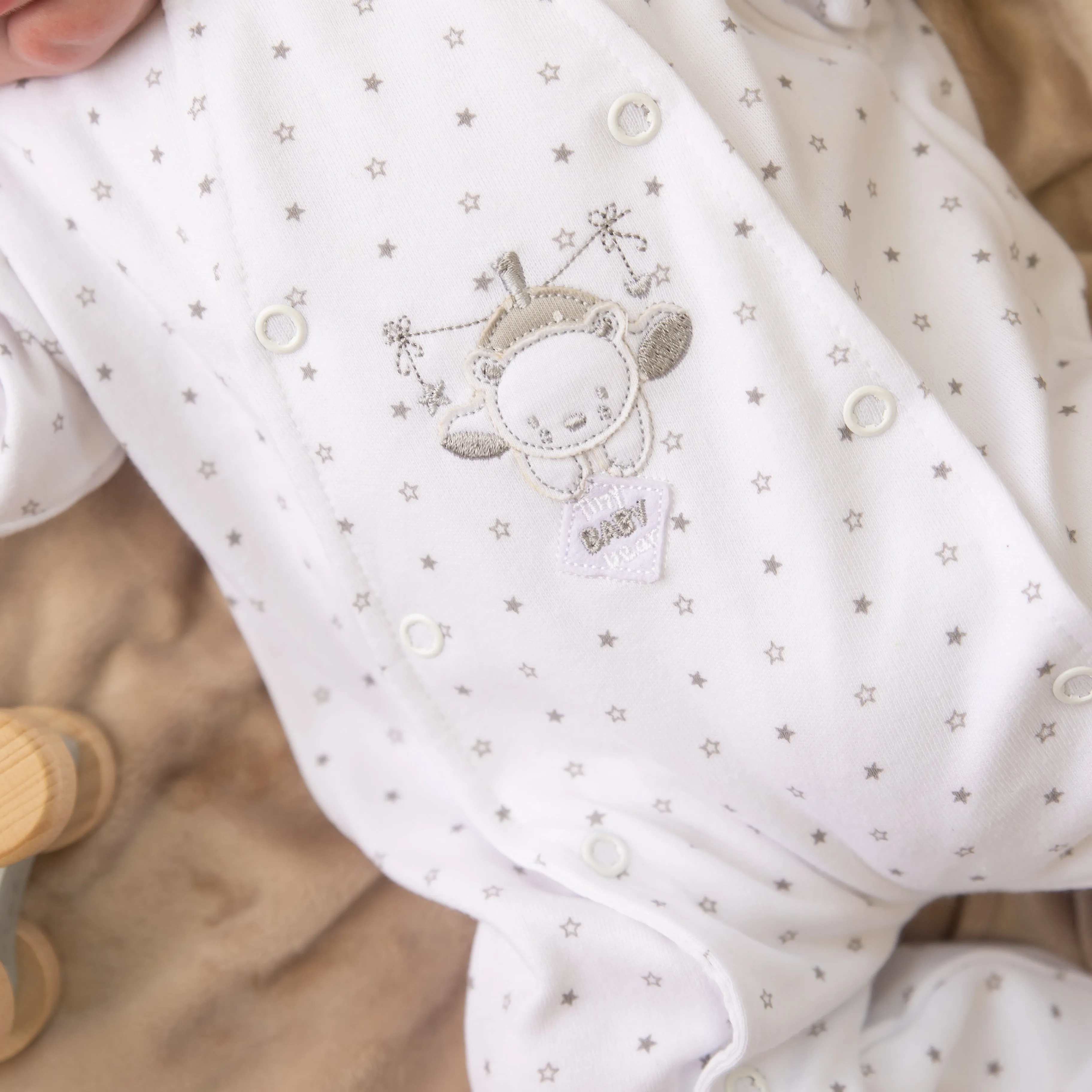 White 'Hanging Bear' Star Print Sleepsuit
