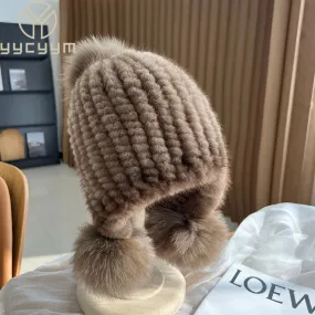 Winter Hot Sale Real Mink Fur Knitted Hat For Women With Fur Pompoms