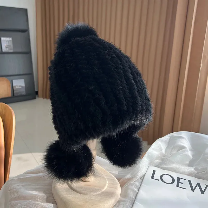 Winter Hot Sale Real Mink Fur Knitted Hat For Women With Fur Pompoms