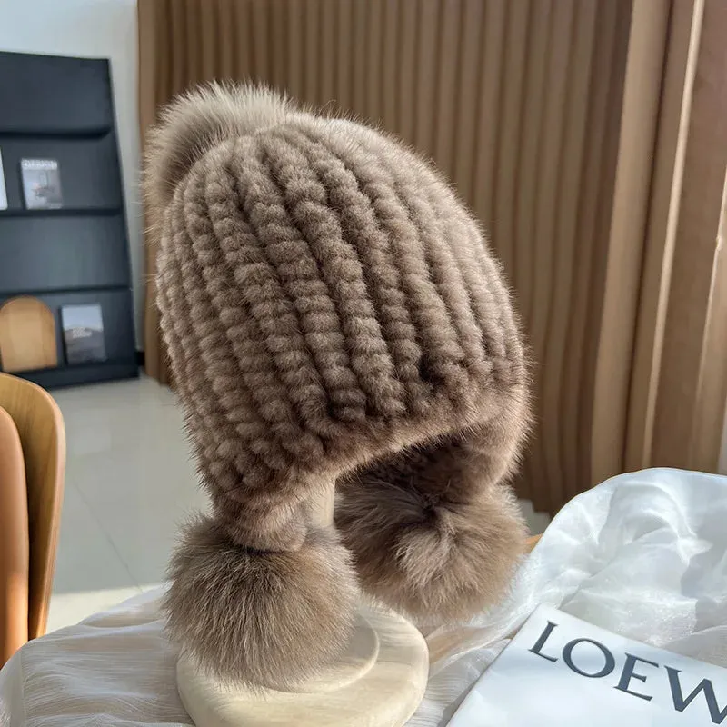 Winter Hot Sale Real Mink Fur Knitted Hat For Women With Fur Pompoms