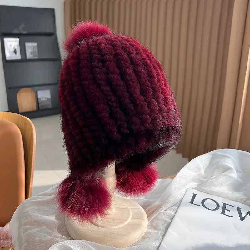 Winter Hot Sale Real Mink Fur Knitted Hat For Women With Fur Pompoms