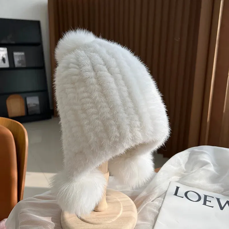 Winter Hot Sale Real Mink Fur Knitted Hat For Women With Fur Pompoms