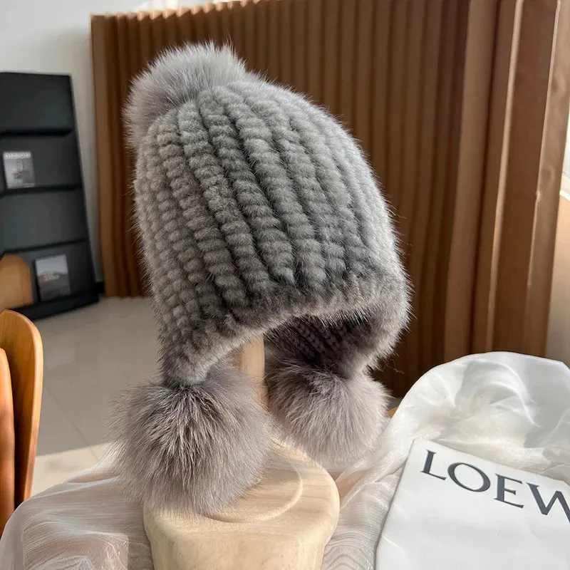 Winter Hot Sale Real Mink Fur Knitted Hat For Women With Fur Pompoms