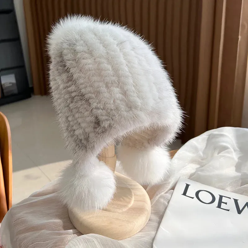 Winter Hot Sale Real Mink Fur Knitted Hat For Women With Fur Pompoms