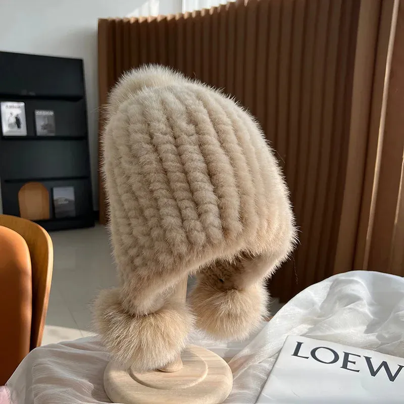 Winter Hot Sale Real Mink Fur Knitted Hat For Women With Fur Pompoms