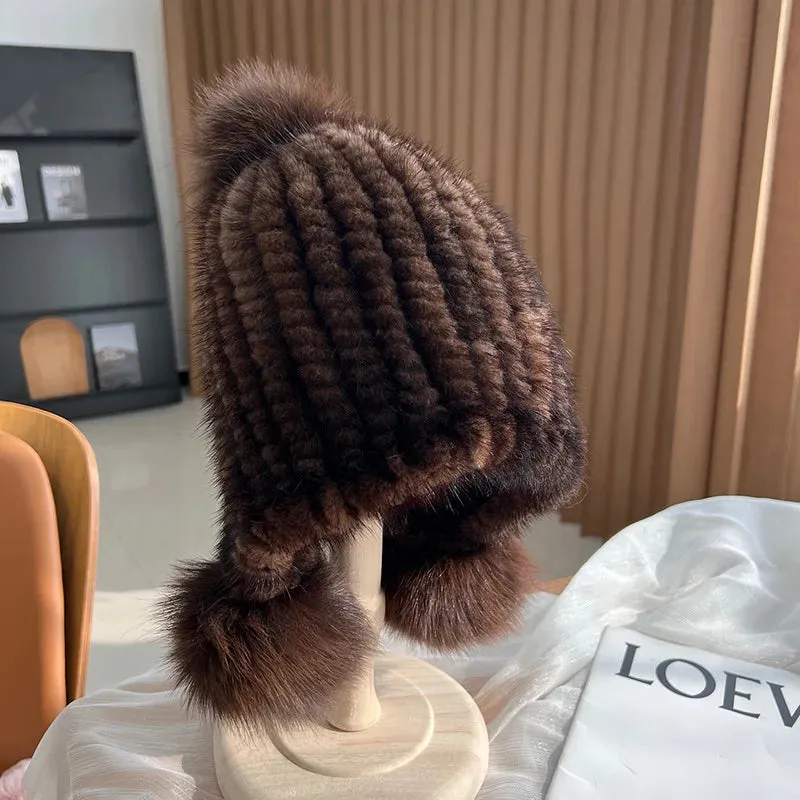 Winter Hot Sale Real Mink Fur Knitted Hat For Women With Fur Pompoms