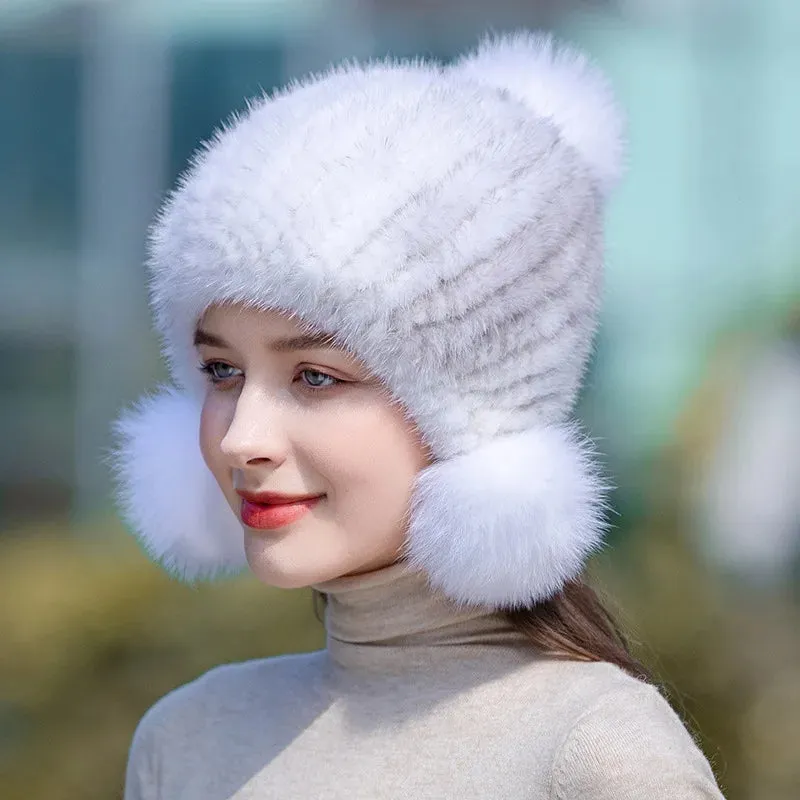 Winter Hot Sale Real Mink Fur Knitted Hat For Women With Fur Pompoms