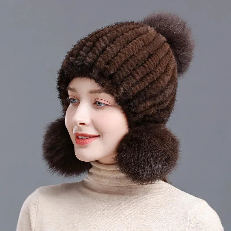 Winter Hot Sale Real Mink Fur Knitted Hat For Women With Fur Pompoms